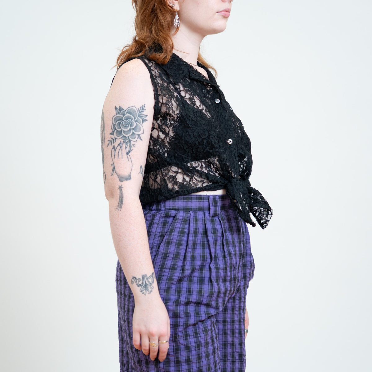 Vintage 90s Black Sheer Lace Crop Top - Large | Goth Cropped Tie Front Blouse