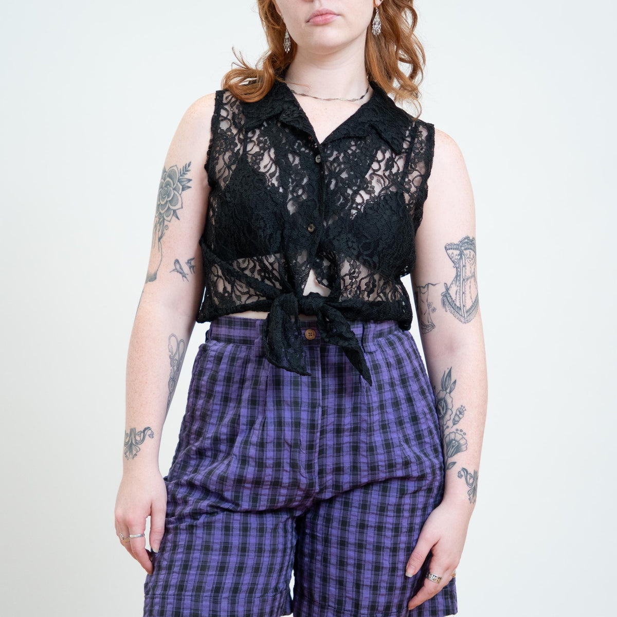 Vintage 90s Black Sheer Lace Crop Top - Large | Goth Cropped Tie Front Blouse