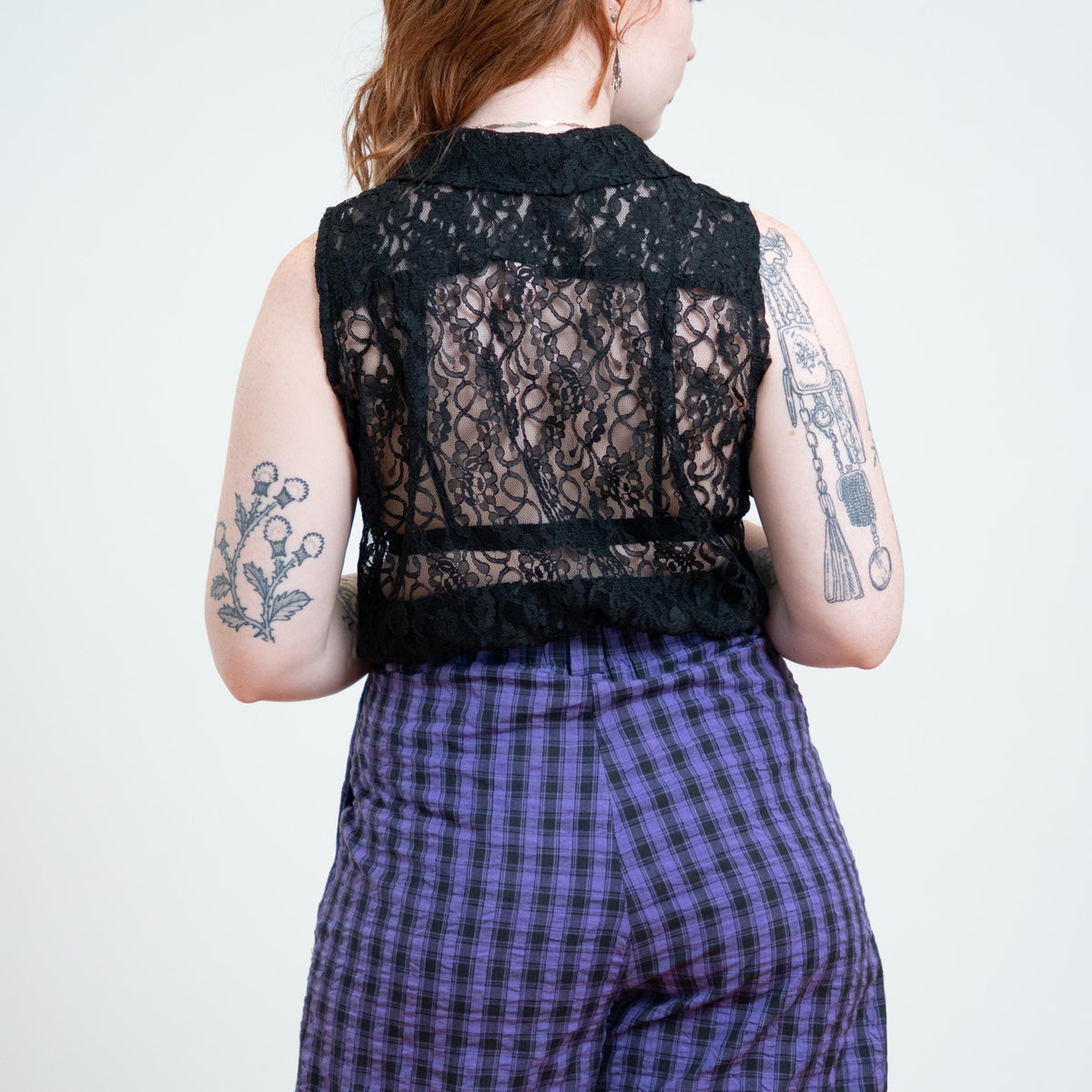 Vintage 90s Black Sheer Lace Crop Top - Large | Goth Cropped Tie Front Blouse