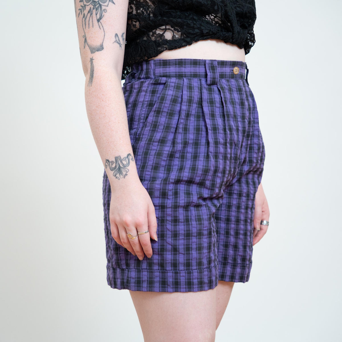 Vintage 90s Purple Plaid Trouser Shorts - Large | Pleated High Waisted Long Shorts