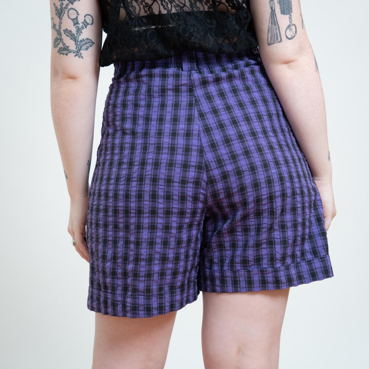 Vintage 90s Purple Plaid Trouser Shorts - Large | Pleated High Waisted Long Shorts