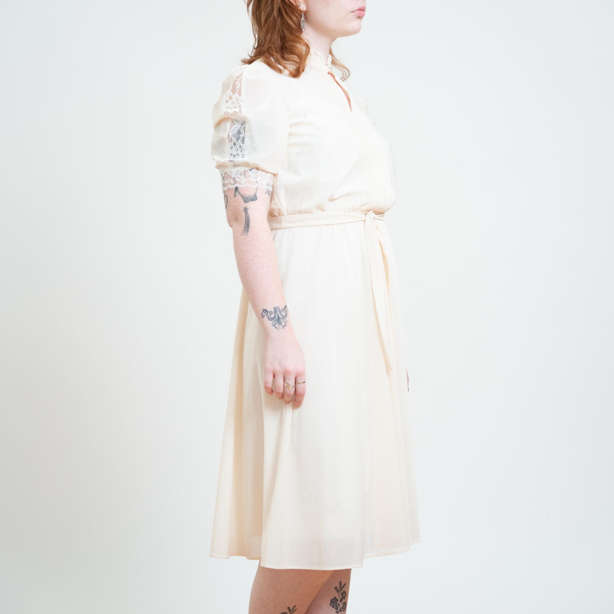 Vintage 70s Sheer Cream Lace Trim Dress - Large | Boho Cottagecore Puff Sleeve Midi Dress