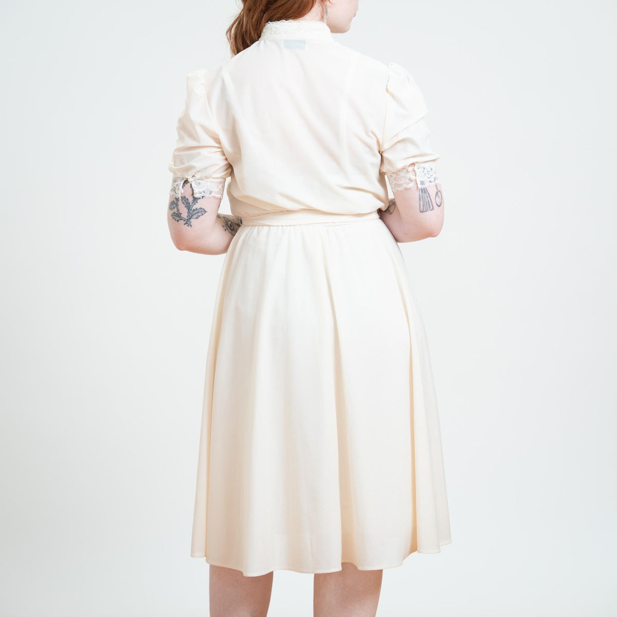 Vintage 70s Sheer Cream Lace Trim Dress - Large | Boho Cottagecore Puff Sleeve Midi Dress