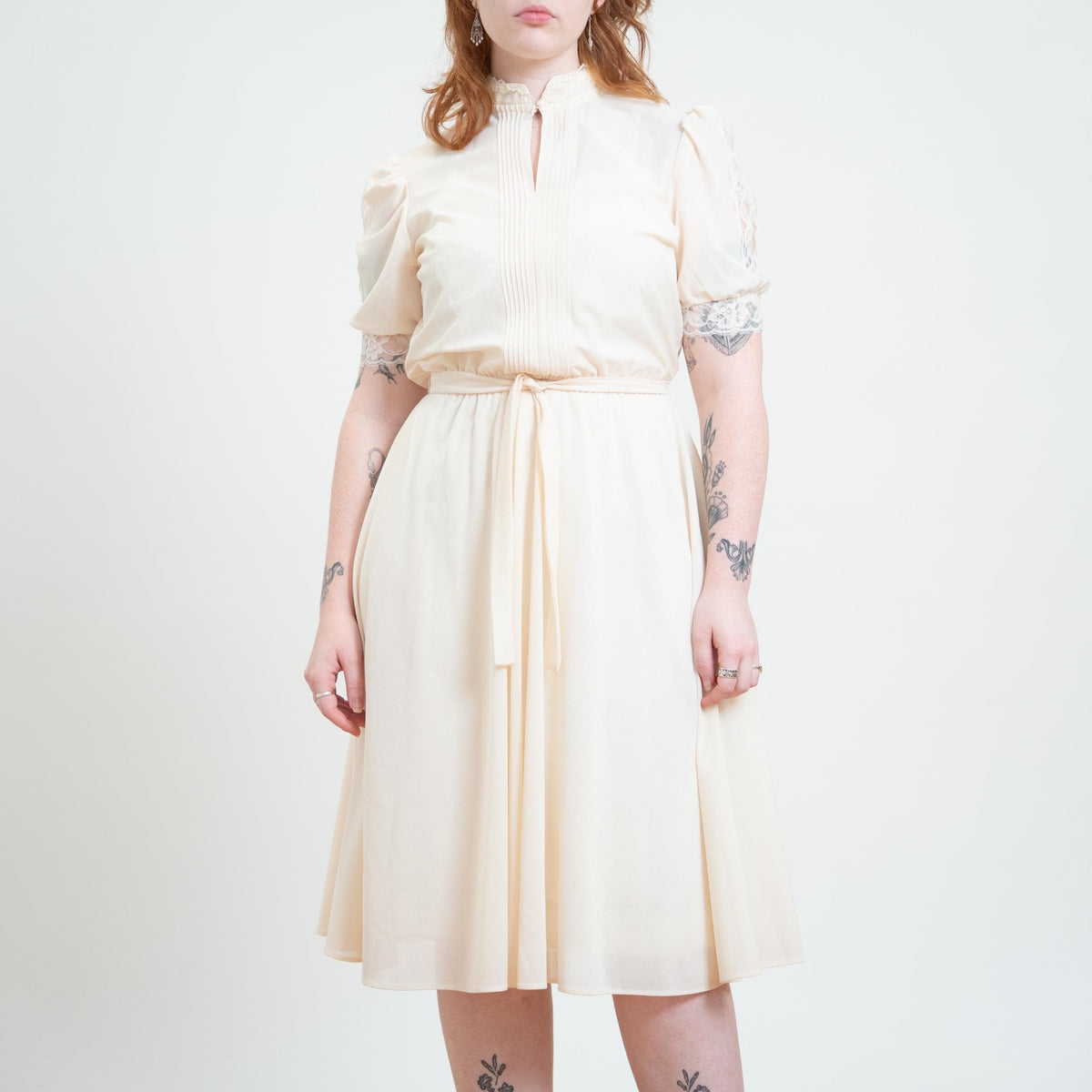 Vintage 70s Sheer Cream Lace Trim Dress - Large | Boho Cottagecore Puff Sleeve Midi Dress