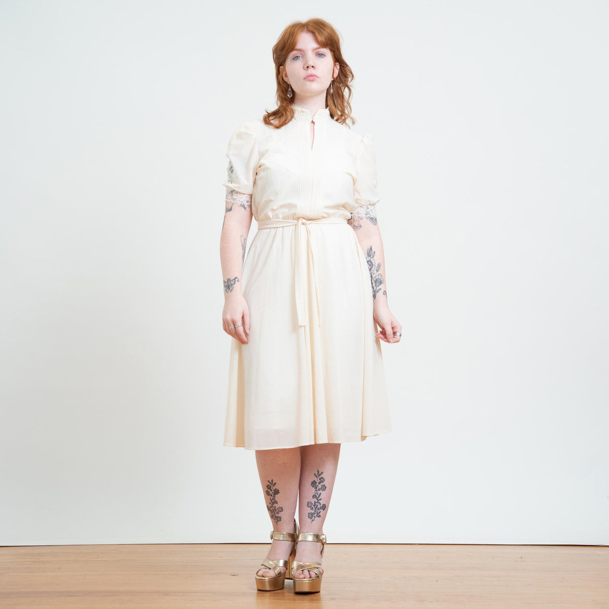 Vintage 70s Sheer Cream Lace Trim Dress - Large | Boho Cottagecore Puff Sleeve Midi Dress