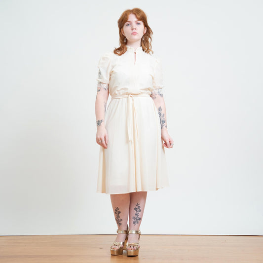 Vintage 70s Sheer Cream Lace Trim Dress - Large | Boho Cottagecore Puff Sleeve Midi Dress