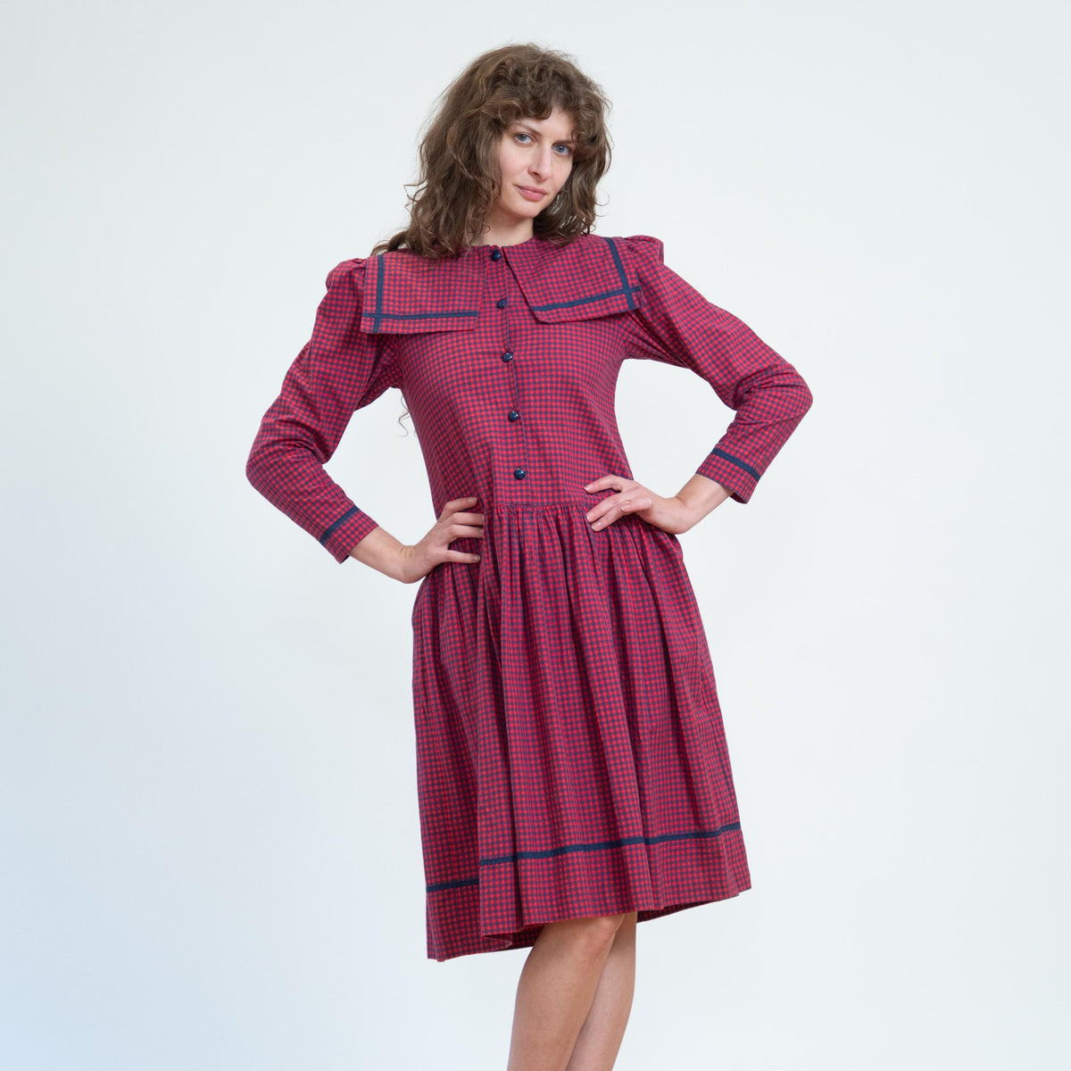 Vintage 80s Red & Blue Gingham Sailor Collar Dress - Small | Long Sleeve Fit Flare Midi Dress