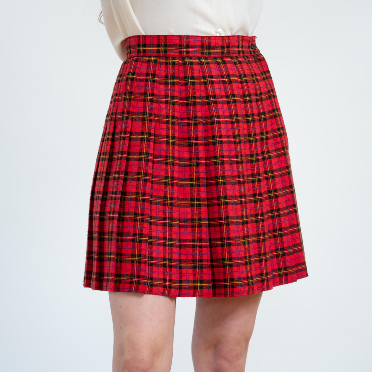 Vintage 90s Red Plaid Schoolgirl Mini Skirt - Medium, 28" Waist | High Waisted Pleated Skirt