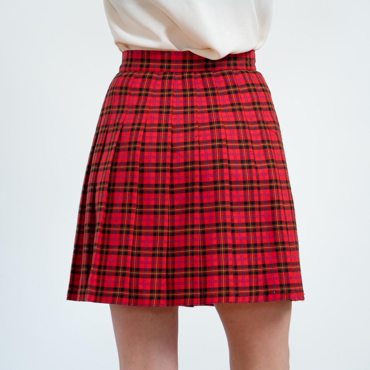 Vintage 90s Red Plaid Schoolgirl Mini Skirt - Medium, 28" Waist | High Waisted Pleated Skirt