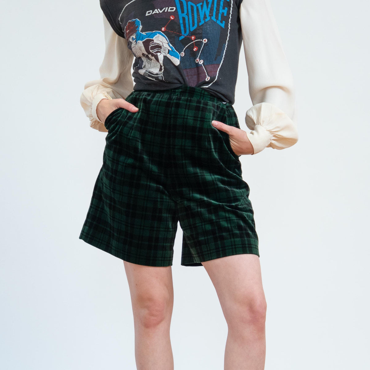 Vintage 90s Green Plaid Velvet Trouser Shorts - Small, 26" Waist | Grunge High Waisted Shorts