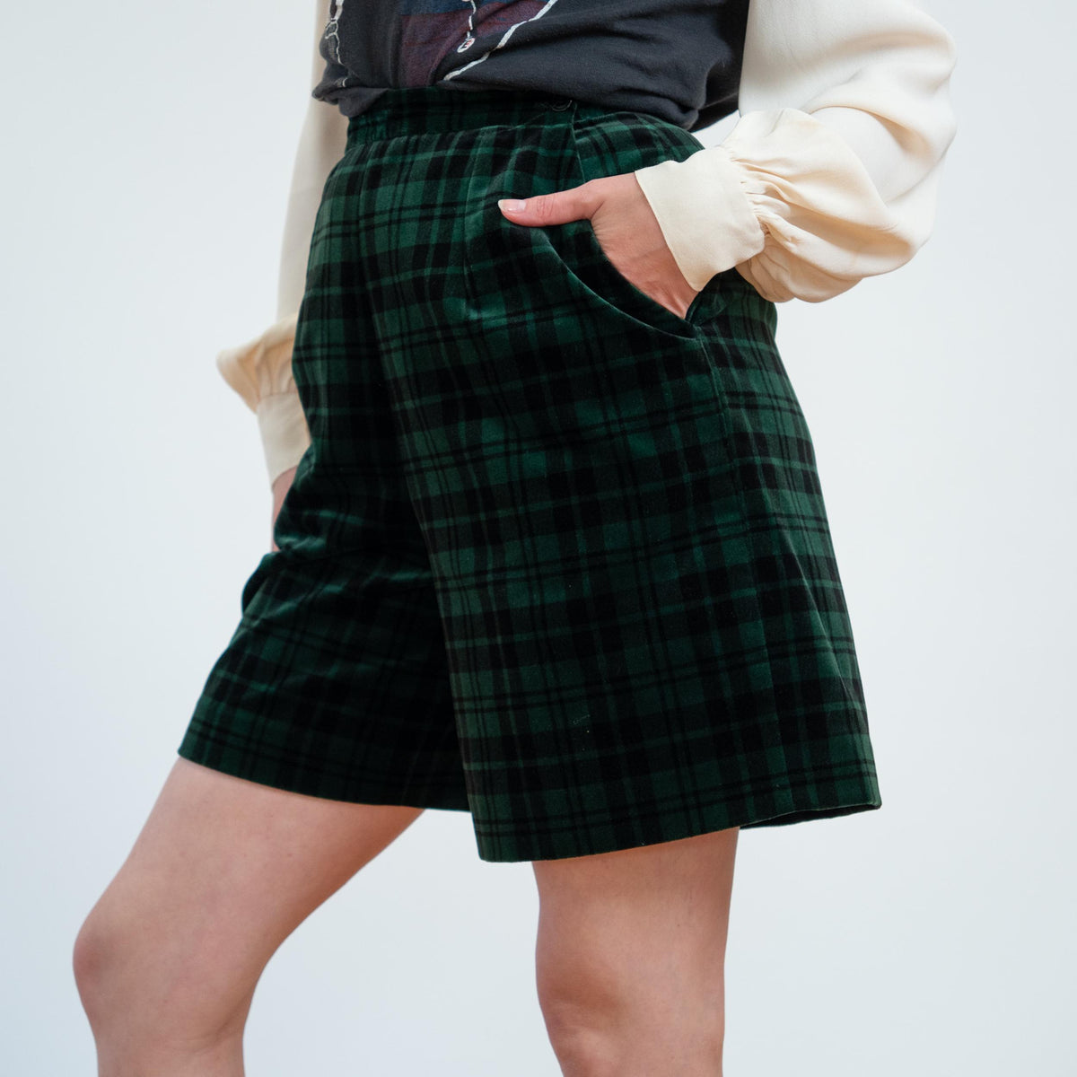 Vintage 90s Green Plaid Velvet Trouser Shorts - Small, 26" Waist | Grunge High Waisted Shorts