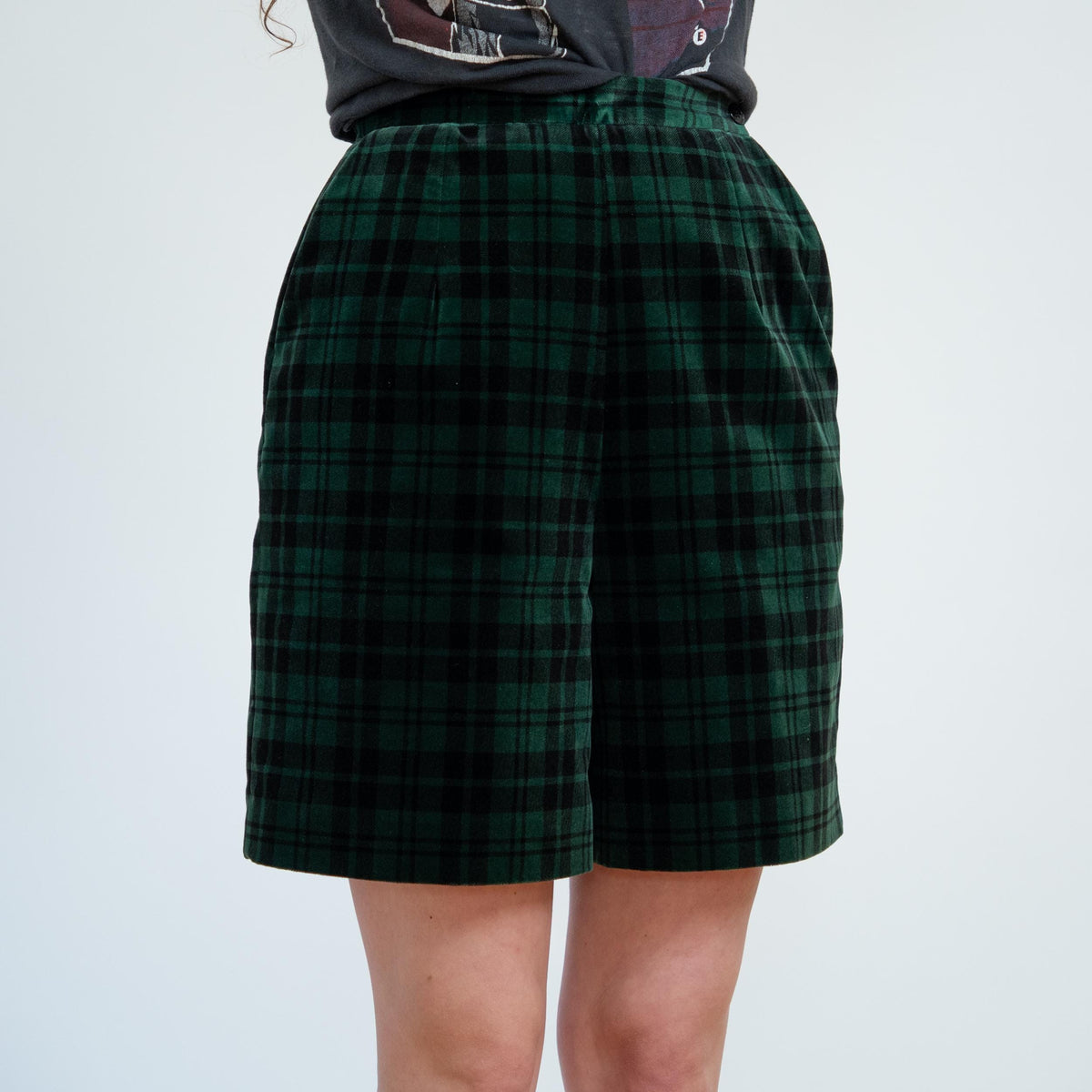 Vintage 90s Green Plaid Velvet Trouser Shorts - Small, 26" Waist | Grunge High Waisted Shorts
