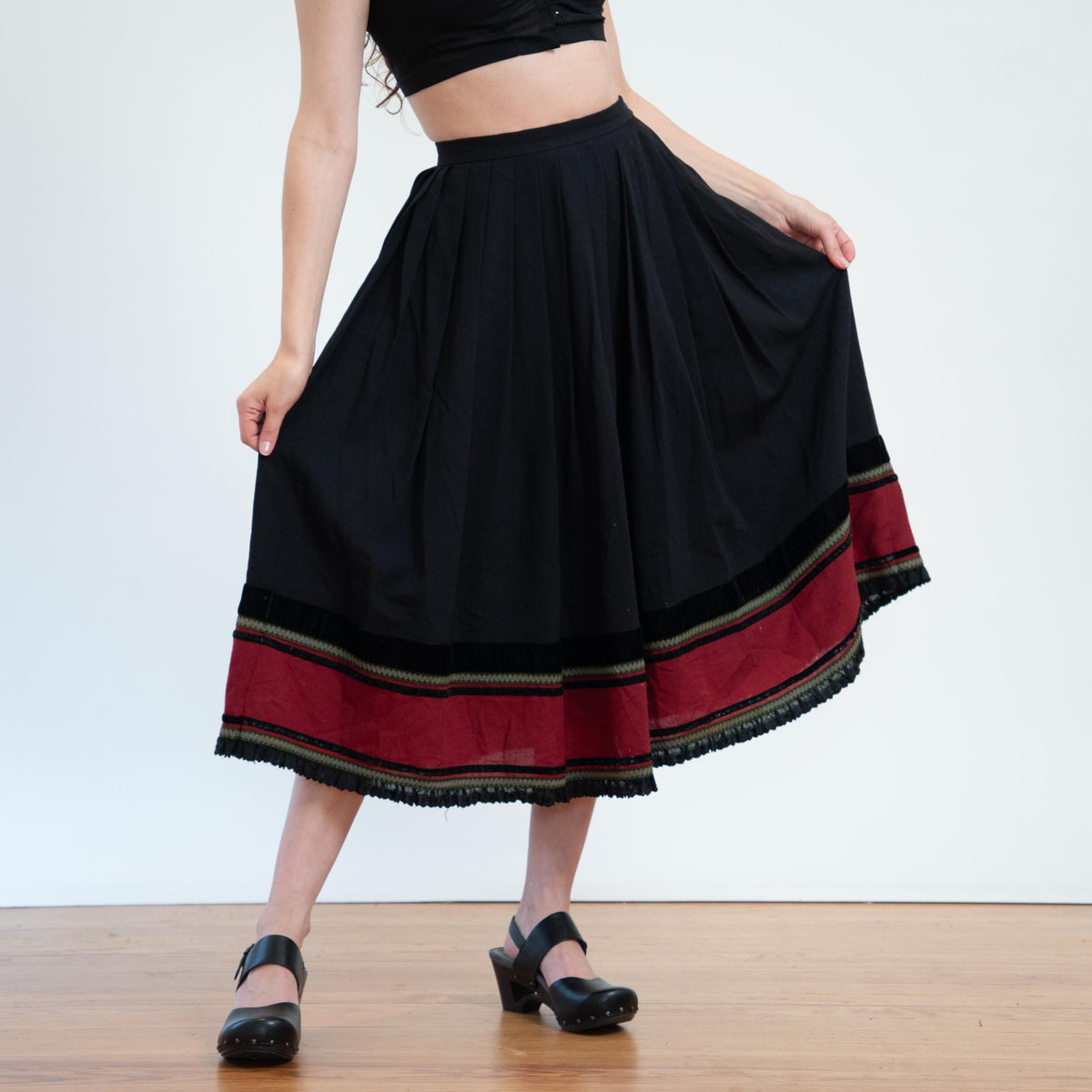 Vintage 80s Black & Red Folk Midi Skirt - Small, 26" Waist | Helene Strasser Bavarian Trachten Skirt