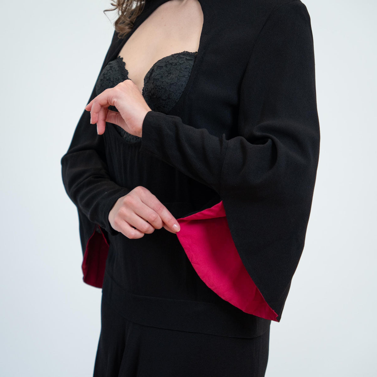 Vintage 40s Black & Red Batwing Sleeve Vamp Dress - Medium | 1940s Gothic Keyhole Cutout Midi Dres