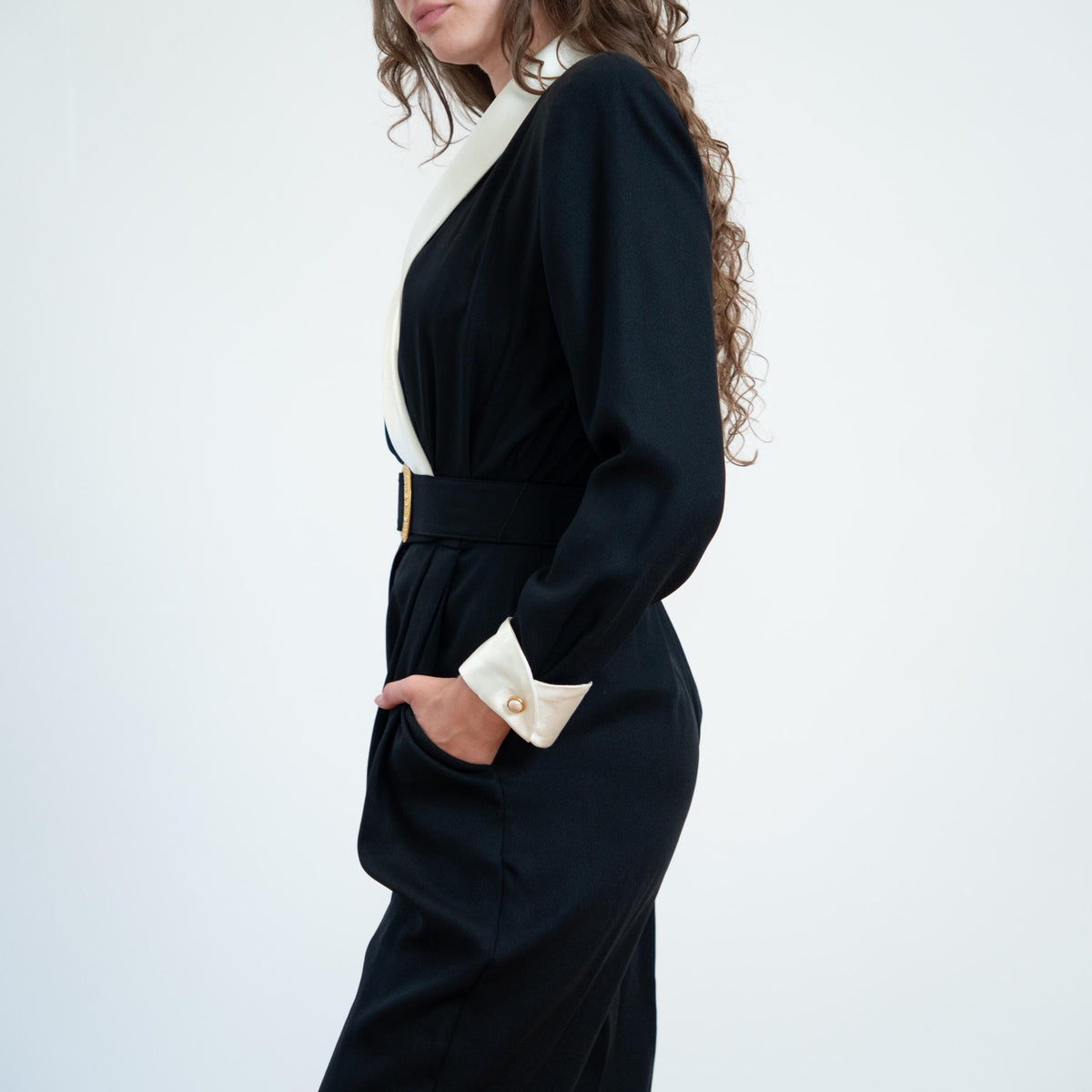 Vintage 80s Black & White Tuxedo Jumpsuit - Small | Belted Formal Pantsuit Outfit