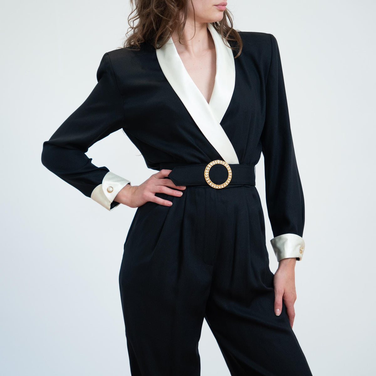 Vintage 80s Black & White Tuxedo Jumpsuit - Small | Belted Formal Pantsuit Outfit
