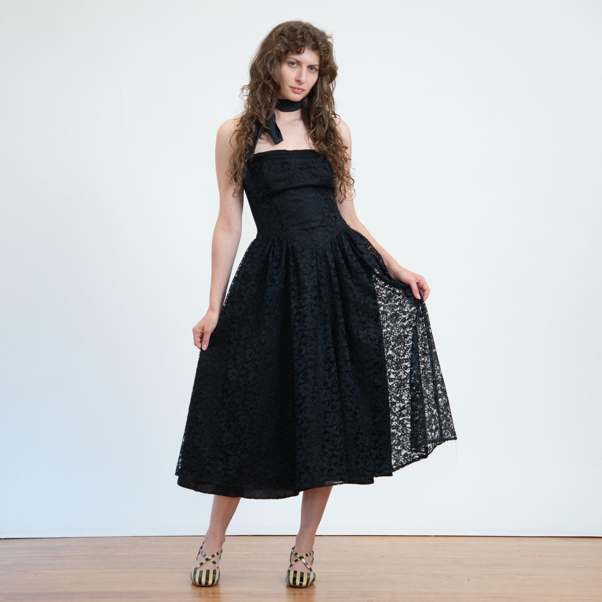 Vintage 80s Black Lace Strapless Party Dress - Medium | Gothic Fit & Flare Midi Dress