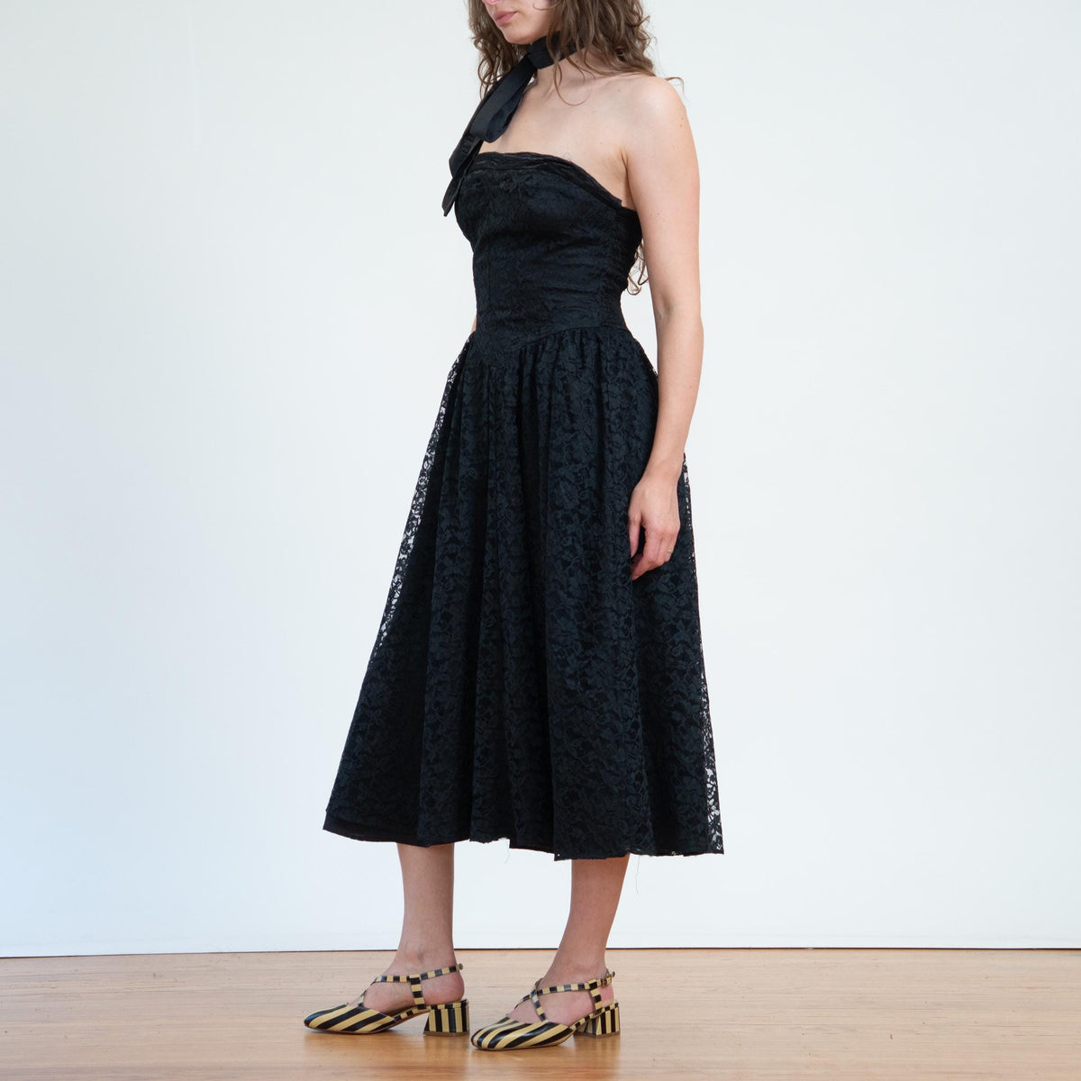 Vintage 80s Black Lace Strapless Party Dress - Medium | Gothic Fit & Flare Midi Dress