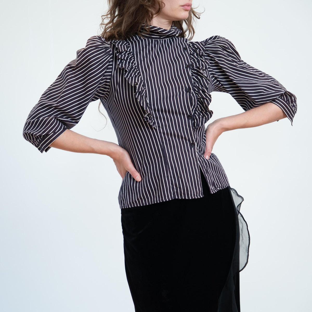 Vintage 70s Does Victorian Gothic Pinstriped Puff Sleeve Blouse - Small | Black & White Striped Ruffle Trim Top