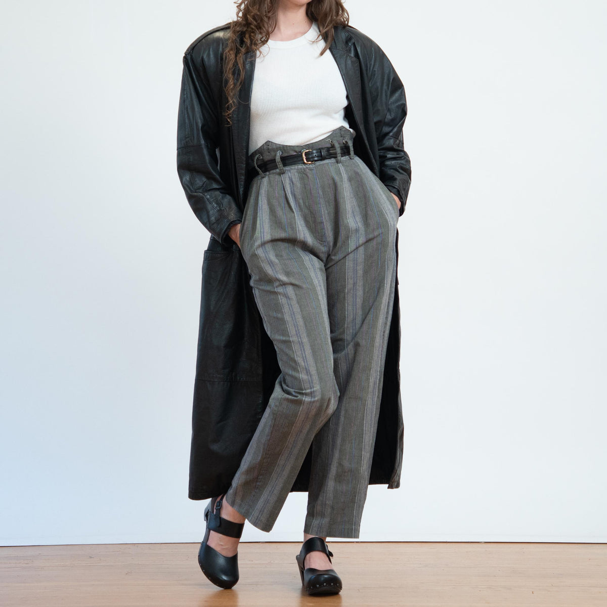 Vintage 80s Grey Pinstriped Super High Waist Trousers - Medium, 29" Waist | Punk Cotton Suspender Pants