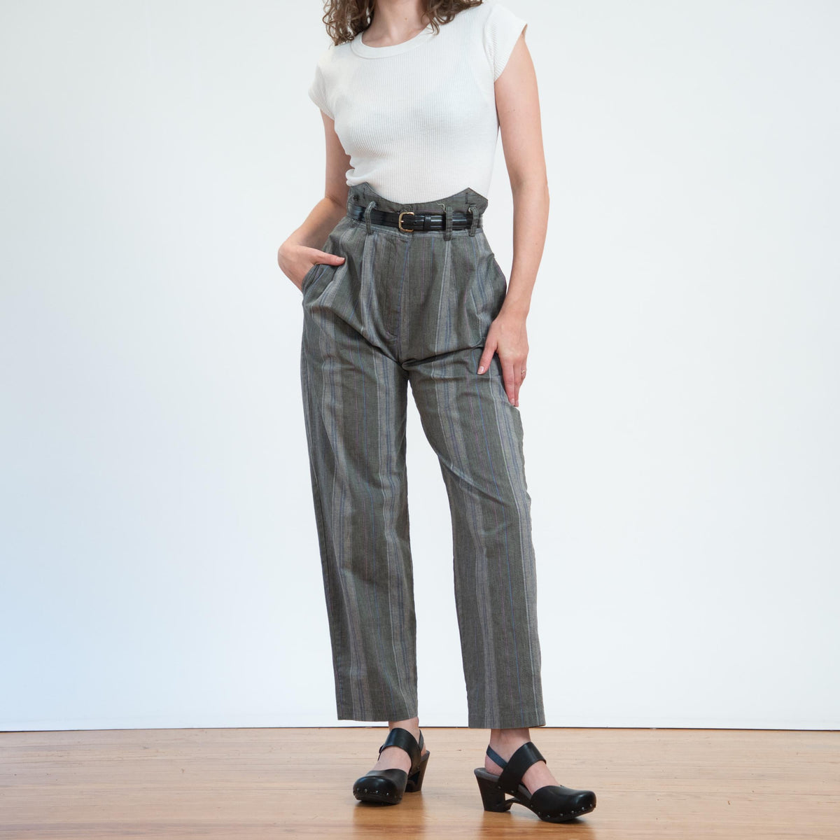Vintage 80s Grey Pinstriped Super High Waist Trousers - Medium, 29" Waist | Punk Cotton Suspender Pants