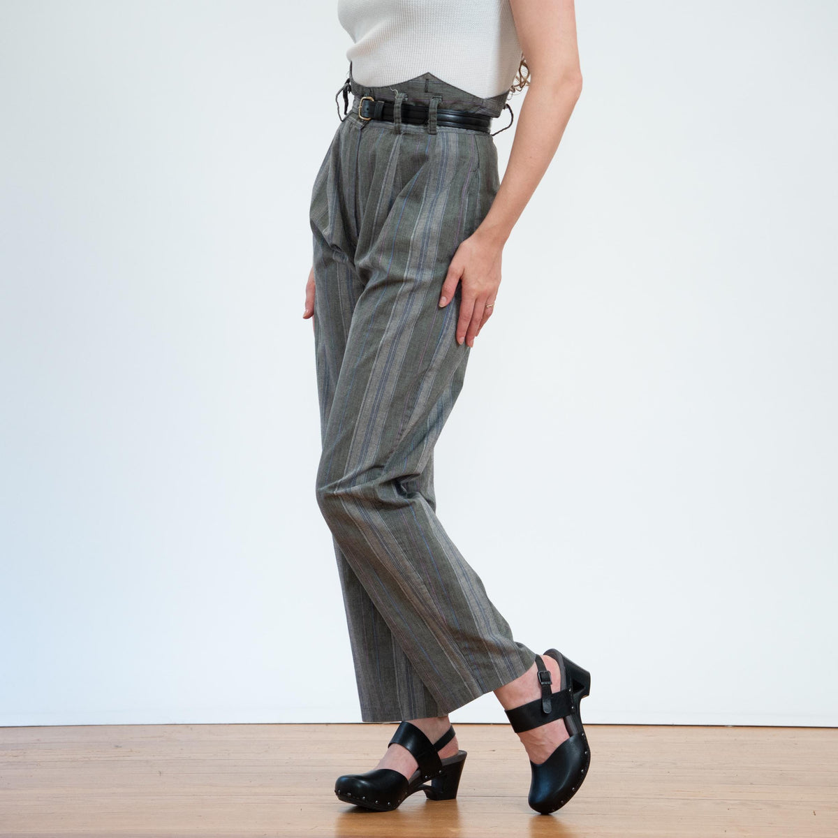 Vintage 80s Grey Pinstriped Super High Waist Trousers - Medium, 29" Waist | Punk Cotton Suspender Pants