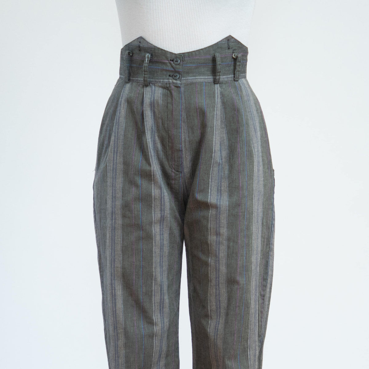 Vintage 80s Grey Pinstriped Super High Waist Trousers - Medium, 29" Waist | Punk Cotton Suspender Pants