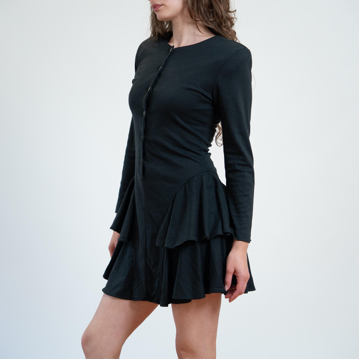 Vintage 80s Black Ruffled Drop Waist Mini Dress - Small | Long Sleeve Tiered Dress