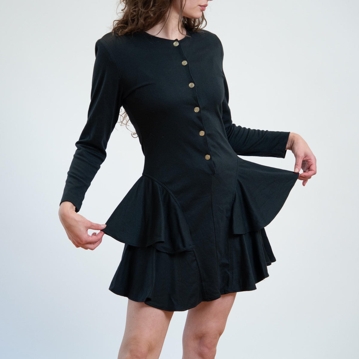 Vintage 80s Black Ruffled Drop Waist Mini Dress - Small | Long Sleeve Tiered Dress