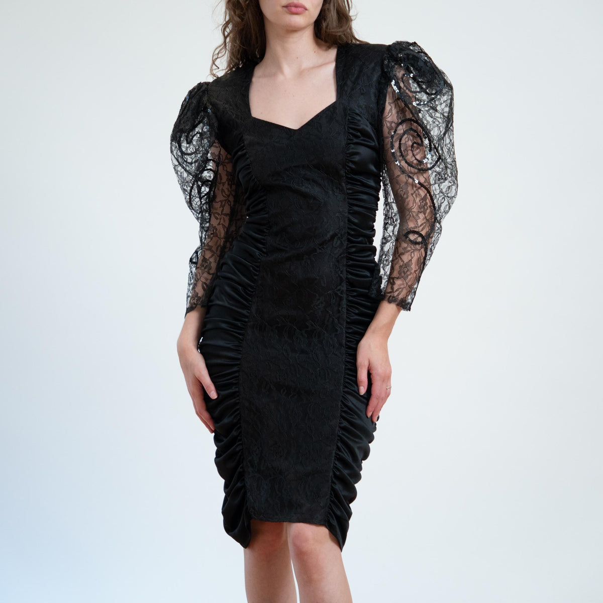 Vintage 80s Black Lace Puff Sleeve Party Dress - Medium | Ruched Bodycon Keyhole Back Cocktail Dress