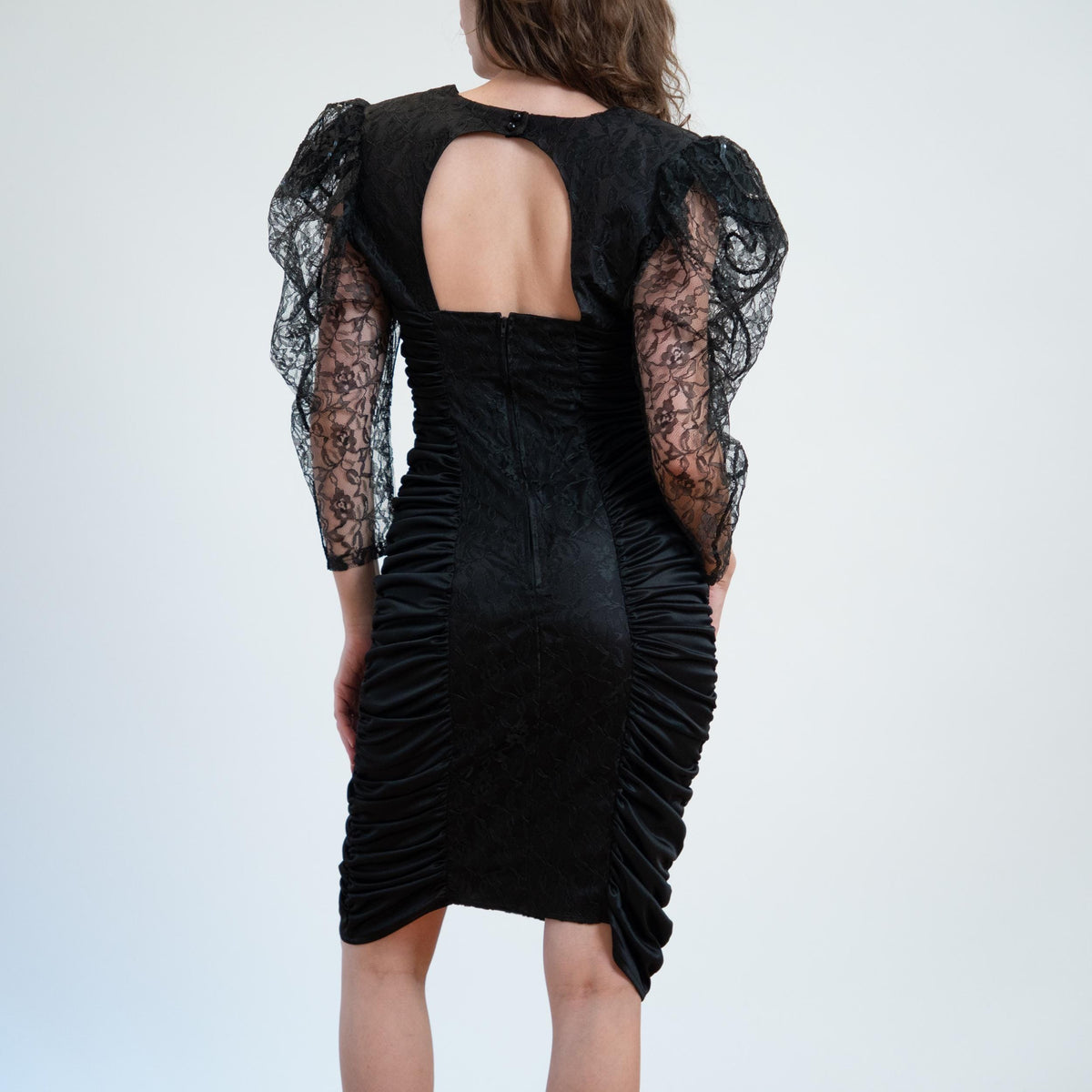 Vintage 80s Black Lace Puff Sleeve Party Dress - Medium | Ruched Bodycon Keyhole Back Cocktail Dress