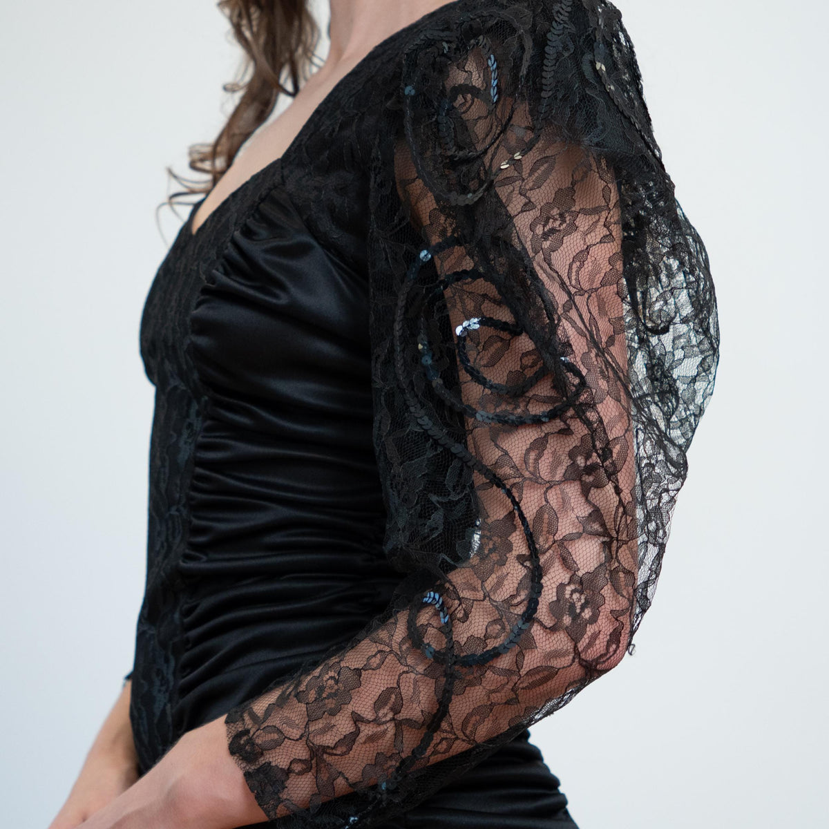 Vintage 80s Black Lace Puff Sleeve Party Dress - Medium | Ruched Bodycon Keyhole Back Cocktail Dress