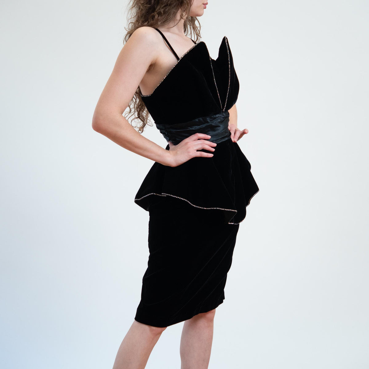 Vintage 80s Black Velvet Rhinestone Peplum Party Dress- Medium | Goth Prom Formal Cocktail Midi Dress