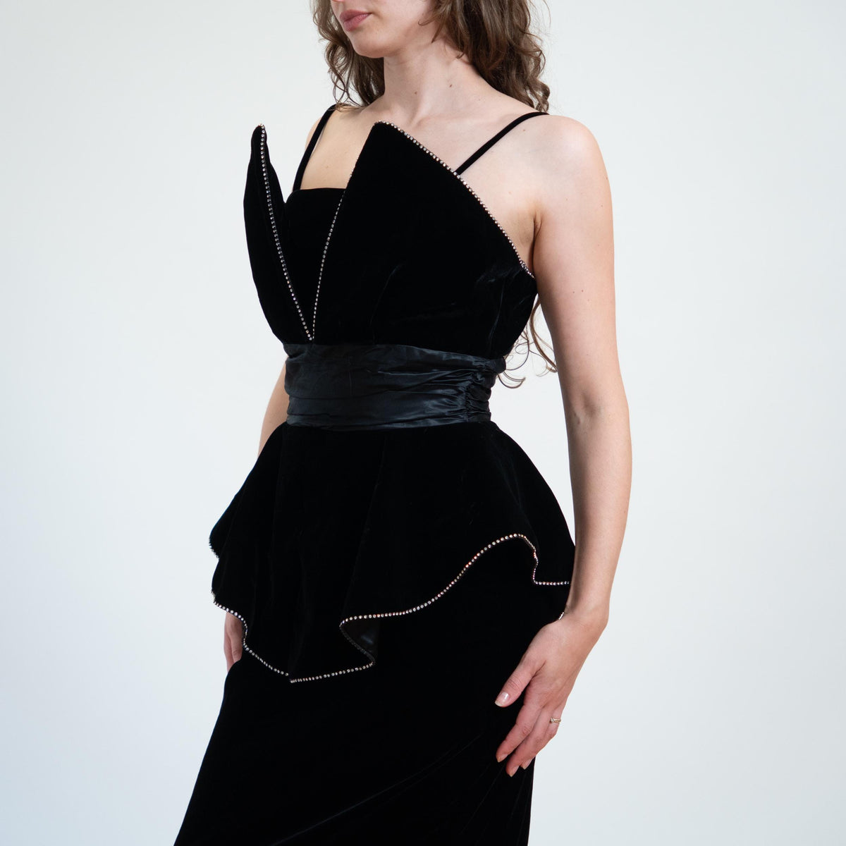 Vintage 80s Black Velvet Rhinestone Peplum Party Dress- Medium | Goth Prom Formal Cocktail Midi Dress