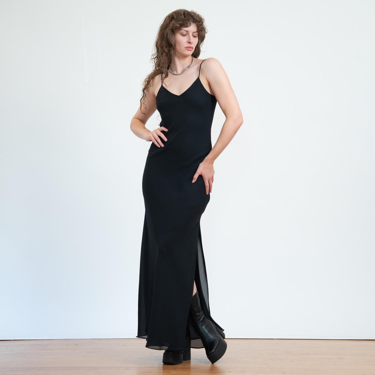 Vintage 90s Black Low Cage Back Gown - Medium | Niki Livas Sexy Backless Formal Maxi Dress