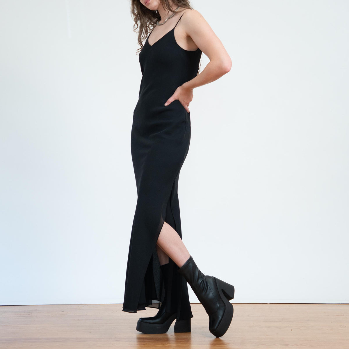 Vintage 90s Black Low Cage Back Gown - Medium | Niki Livas Sexy Backless Formal Maxi Dress