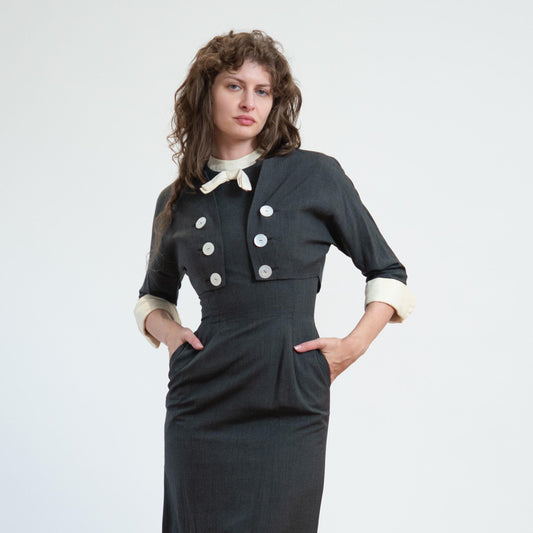 Vintage 50s 60s Grey Wiggle Dress & Jacket - Small | Matching Set Secretary Midi Pencil Dress