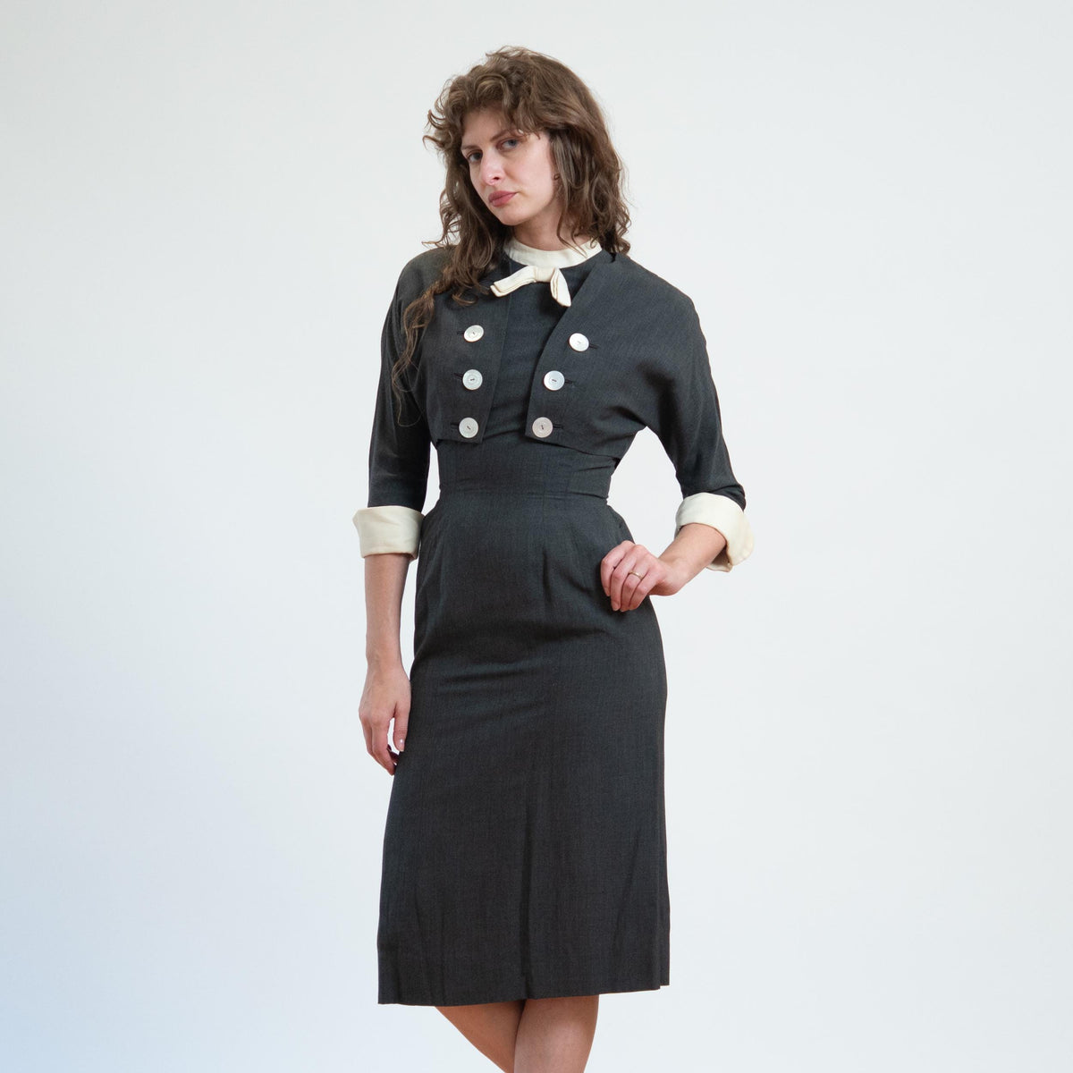 Vintage 50s 60s Grey Wiggle Dress & Jacket - Small | Matching Set Secretary Midi Pencil Dress