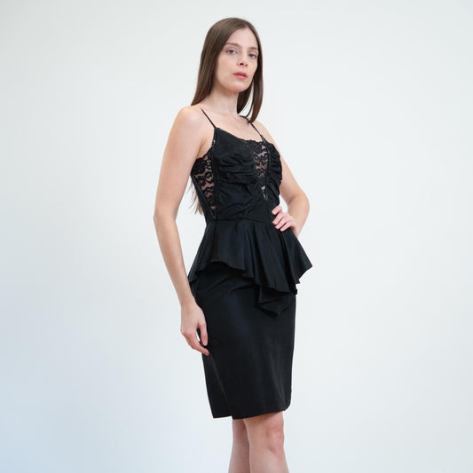 Vintage 80s Climax Karen Okada Black Peplum Party Dress - Extra Small | Lace Sequin Formal Mini Cocktail Dress