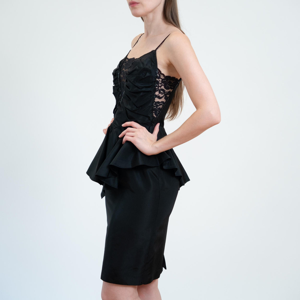 Vintage 80s Climax Karen Okada Black Peplum Party Dress - Extra Small | Lace Sequin Formal Mini Cocktail Dress
