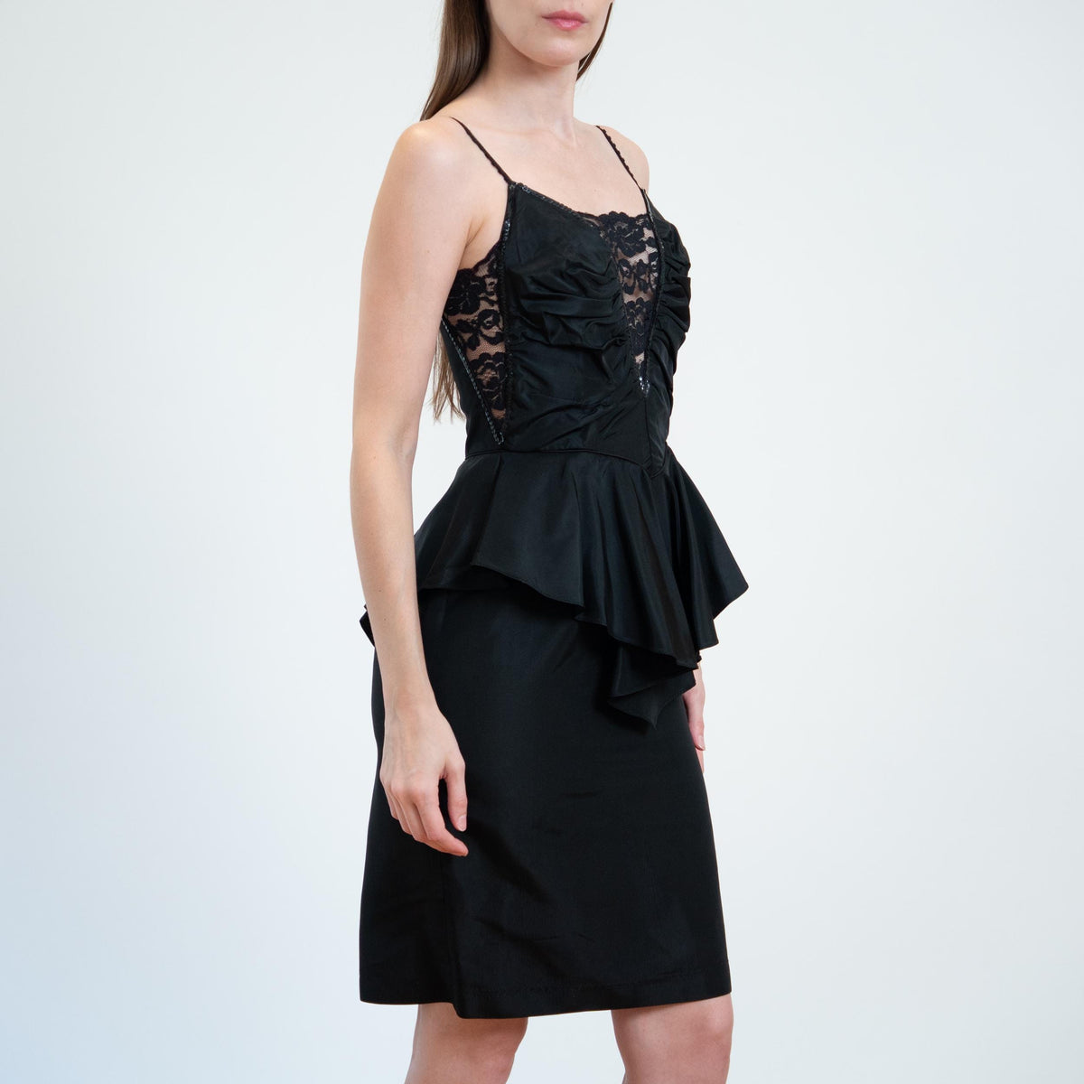 Vintage 80s Climax Karen Okada Black Peplum Party Dress - Extra Small | Lace Sequin Formal Mini Cocktail Dress