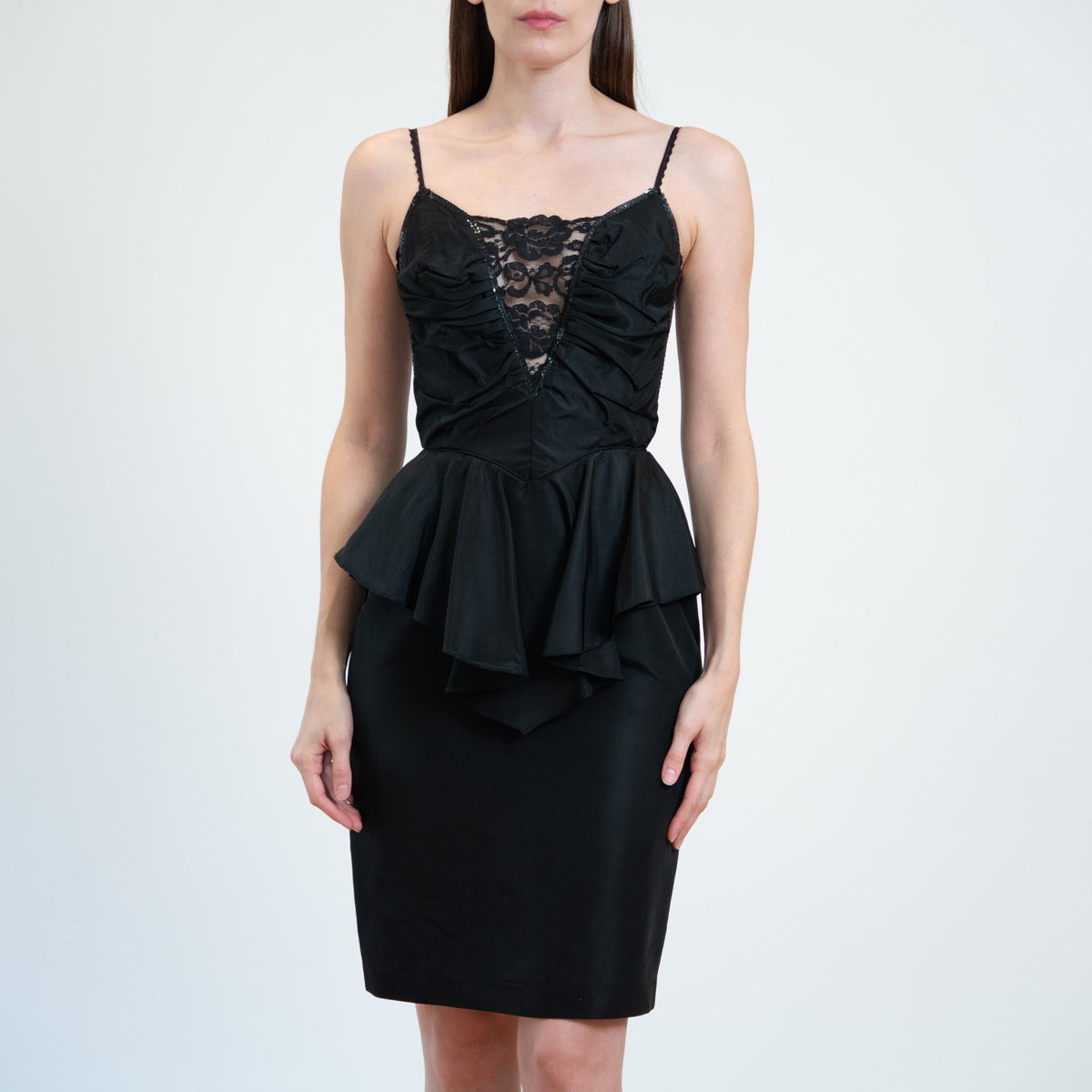 Vintage 80s Climax Karen Okada Black Peplum Party Dress - Extra Small | Lace Sequin Formal Mini Cocktail Dress