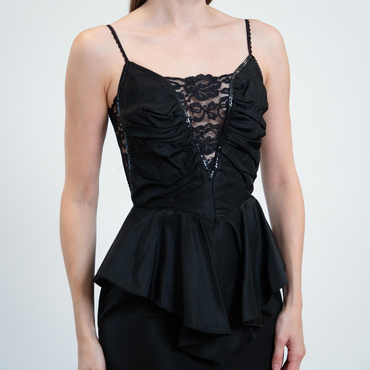 Vintage 80s Climax Karen Okada Black Peplum Party Dress - Extra Small | Lace Sequin Formal Mini Cocktail Dress