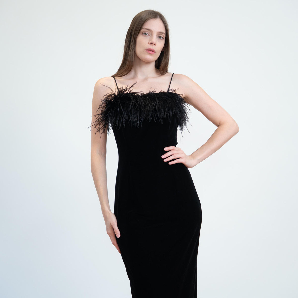 Vintage 90s Black Velvet Marabou Feather Evening Gown - Small | Sexy Formal Bodycon Maxi Dress