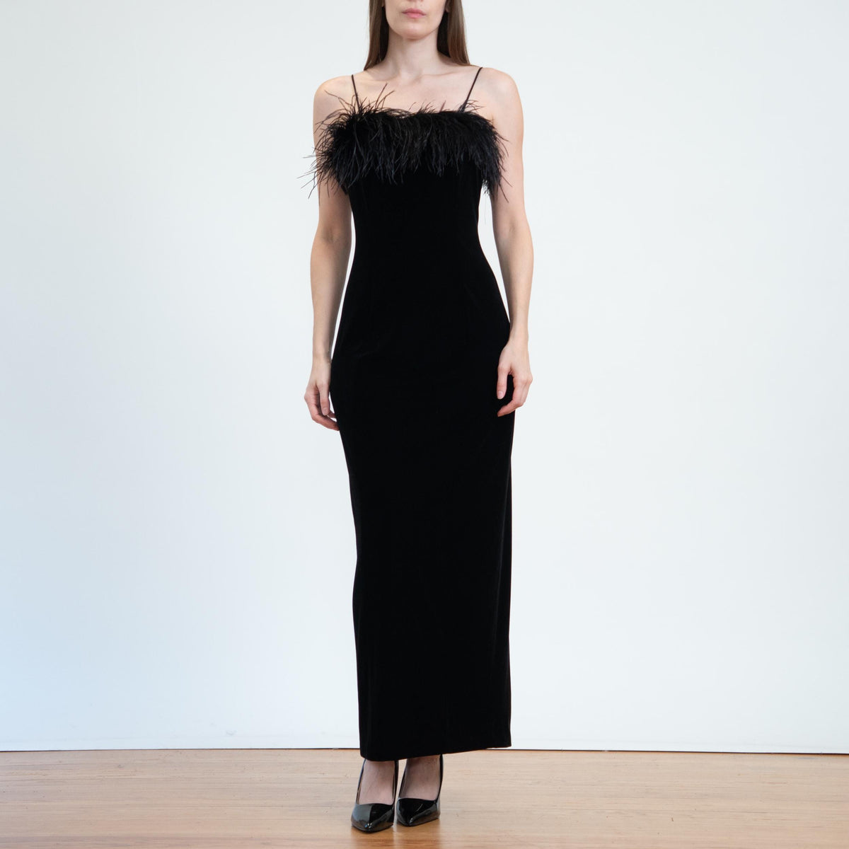 Vintage 90s Black Velvet Marabou Feather Evening Gown - Small | Sexy Formal Bodycon Maxi Dress