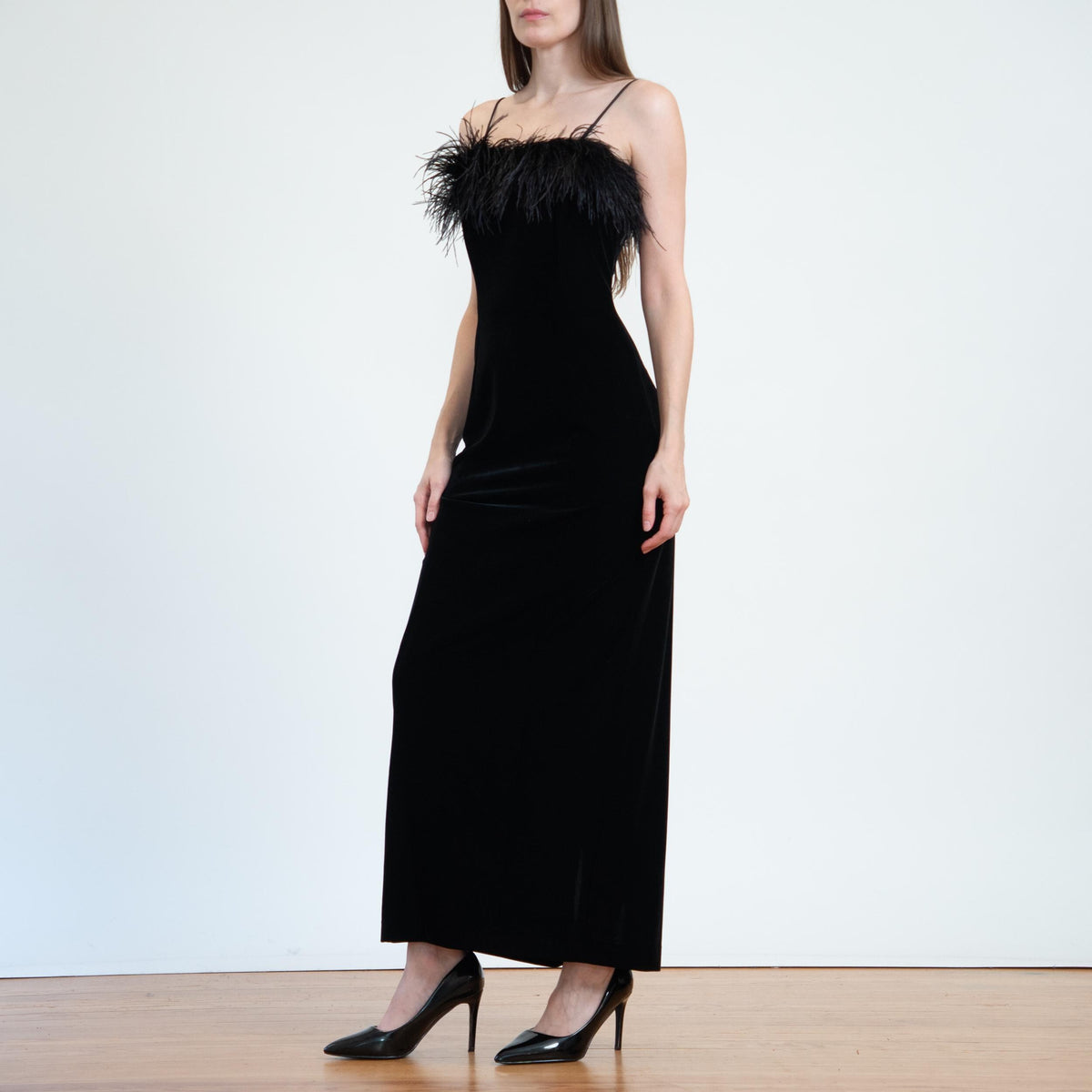 Vintage 90s Black Velvet Marabou Feather Evening Gown - Small | Sexy Formal Bodycon Maxi Dress