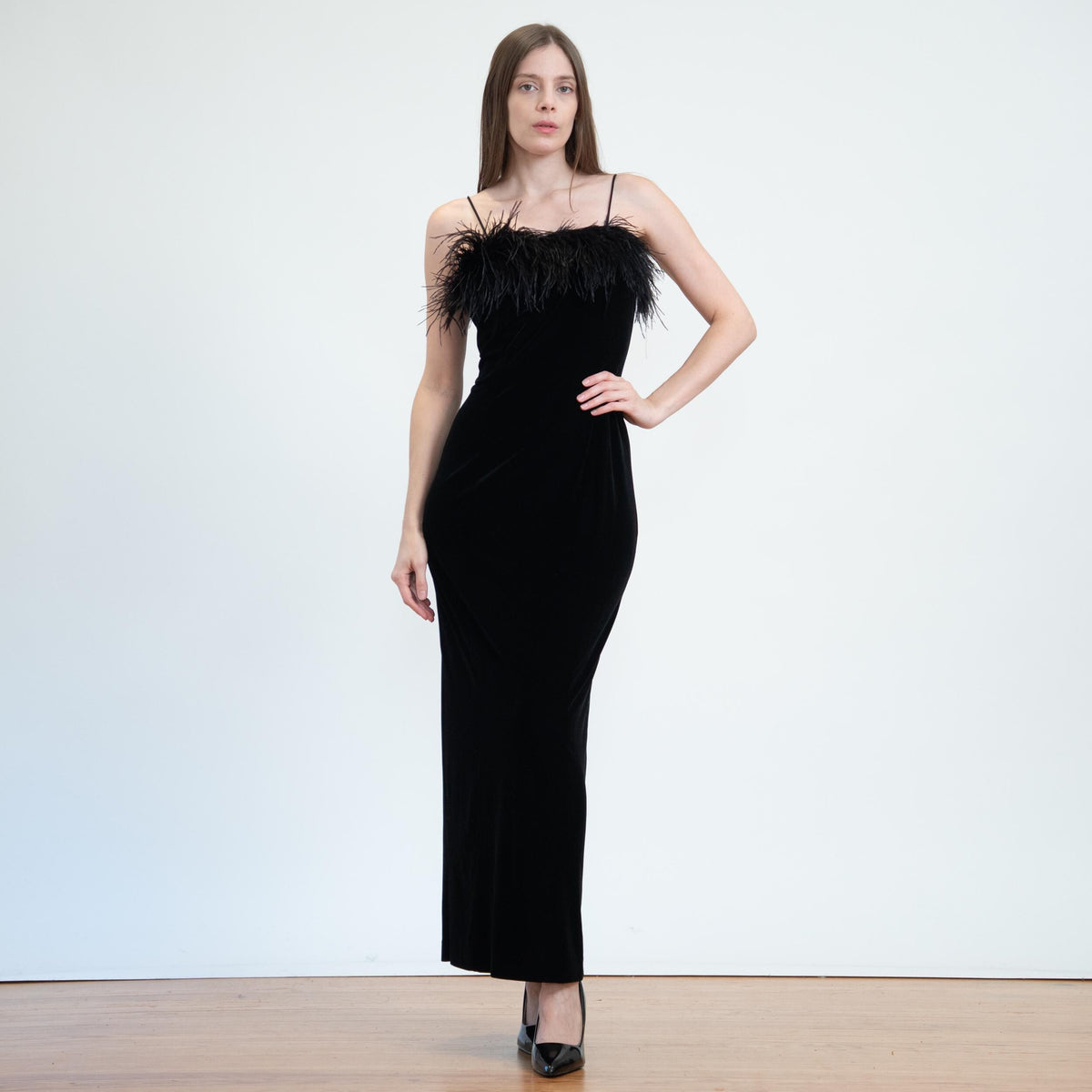 Vintage 90s Black Velvet Marabou Feather Evening Gown - Small | Sexy Formal Bodycon Maxi Dress