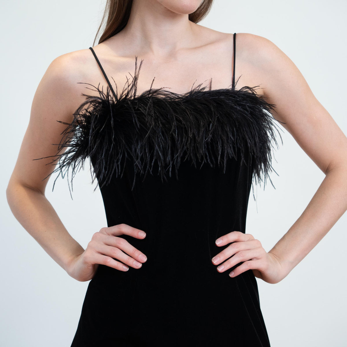Vintage 90s Black Velvet Marabou Feather Evening Gown - Small | Sexy Formal Bodycon Maxi Dress