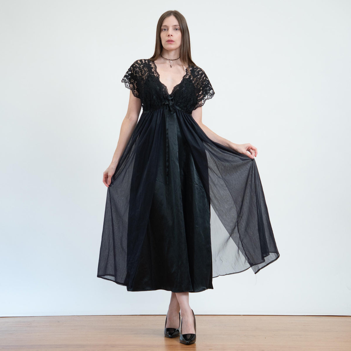 Vintage 70s Black Lace Maxi Peignoir Set - Medium | Donna Richards Negligee Nightgown Slip Dress & Robe