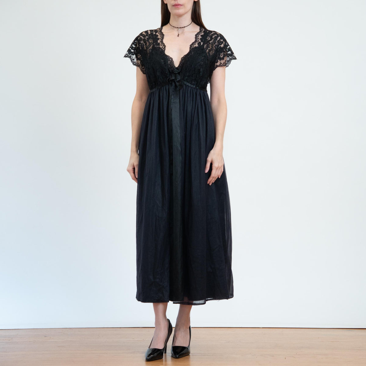 Vintage 70s Black Lace Maxi Peignoir Set - Medium | Donna Richards Negligee Nightgown Slip Dress & Robe